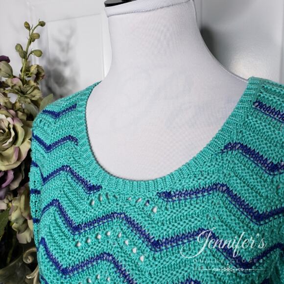 3/$25 Ruby Rd. Women's Turquoise and Royal Blue Chevron Fringe Sweater Medium - Picture 3 of 10